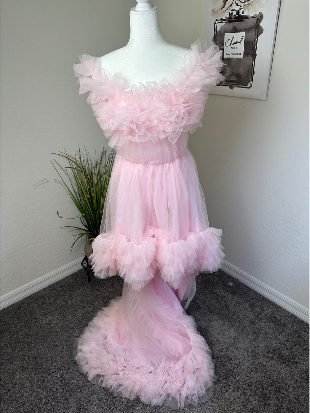 Pink High Low Tulle Bridal Shower Dress Ruffle Train Wedding Reception Gown NWT - Picture 10 of 11